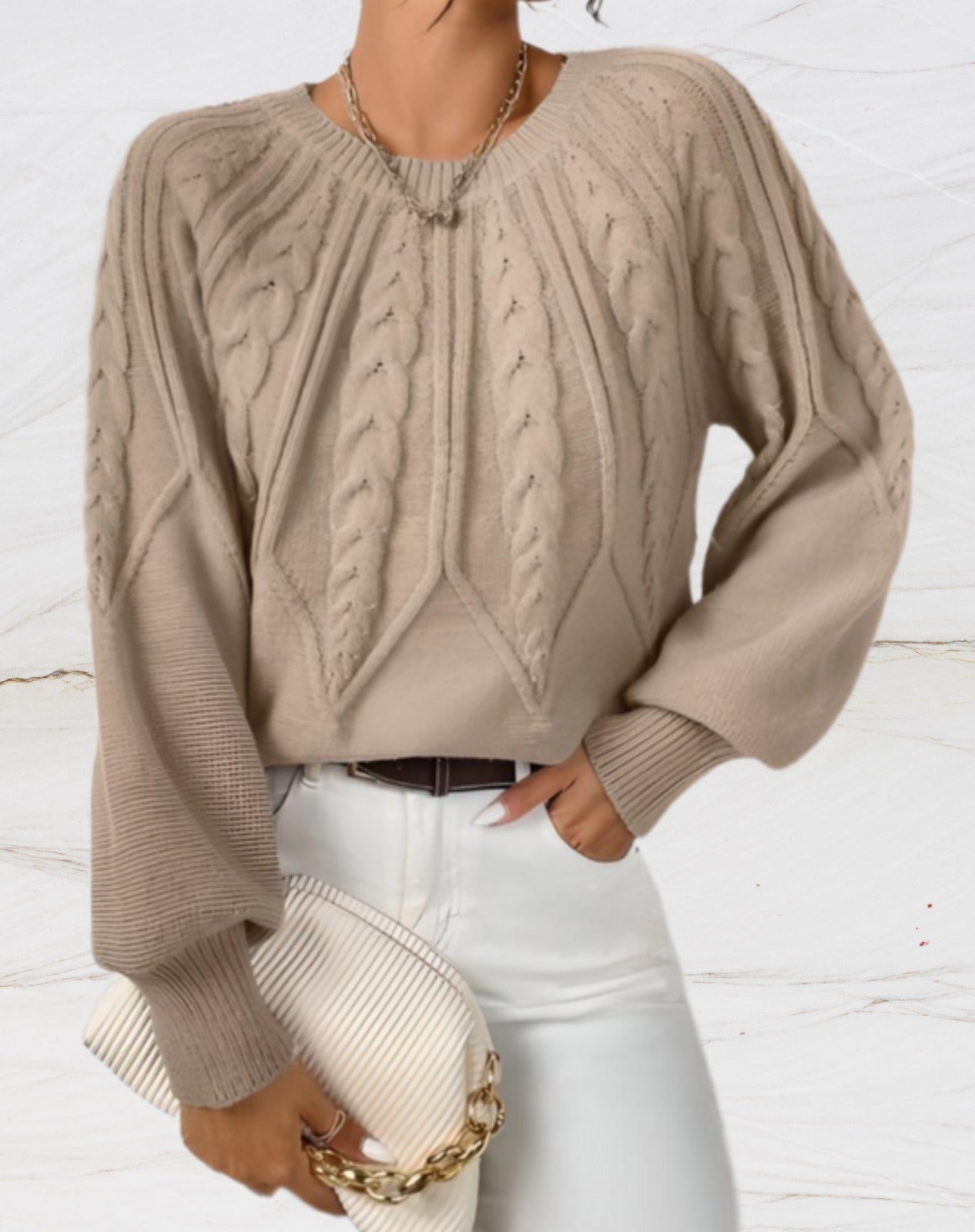 Abigail - Elegancki sweter damski z okrągłym dekoltem z beżowej dzianiny Arrow Knit