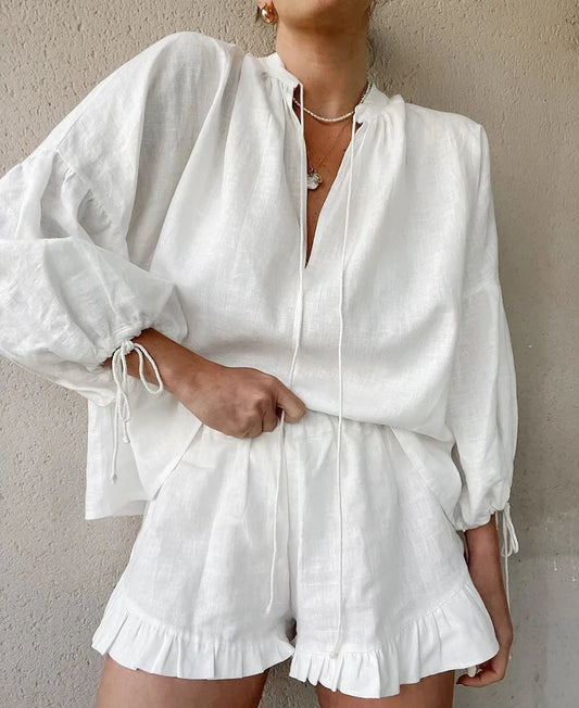Casual Lantern Sleeve Top Krótkie spodnie Dwuczęściowy zestaw z bawełny i lnu