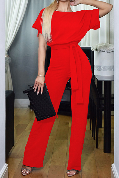 | Casual Elegant Solid Patchwork Strap Design O Neck Straight Jumpsuits (6 kolorów)