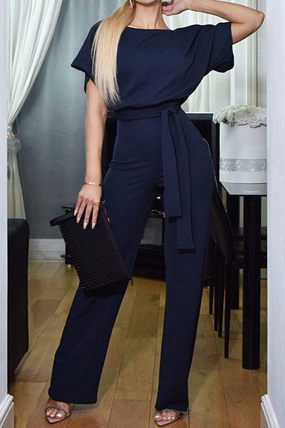 | Casual Elegant Solid Patchwork Strap Design O Neck Straight Jumpsuits (6 kolorów)