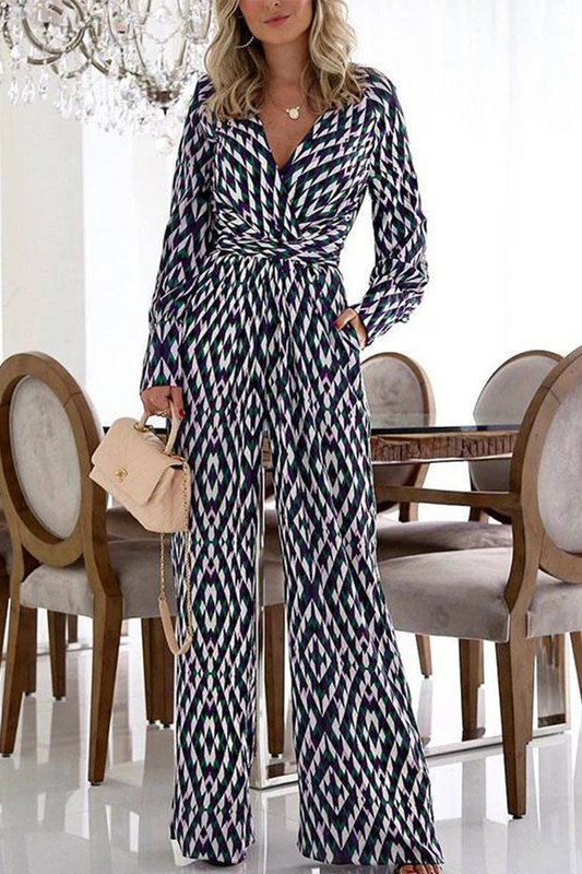 | Casual Print Patchwork V-Neck Boot Cut Jumpsuits