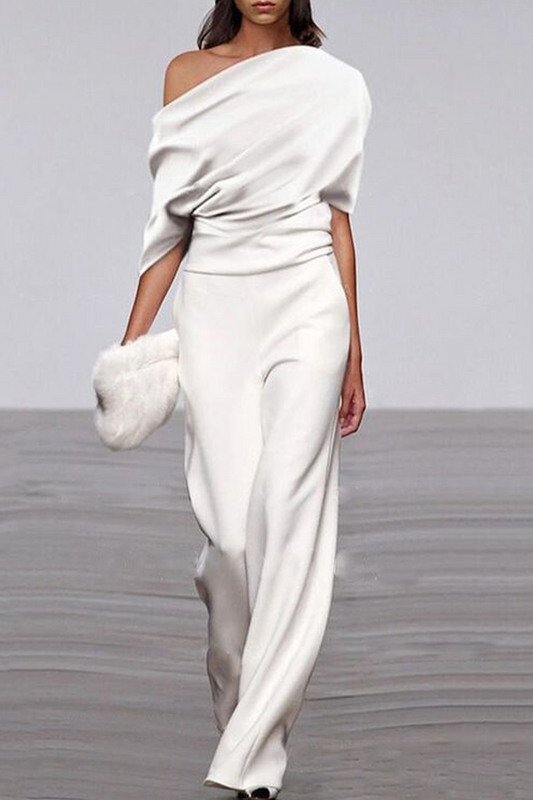 | Casual Solid Patchwork One Shouer Straight Jumpsuits