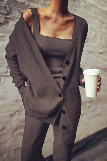 Trzyczęściowy zestaw Casual Solid Cardigan Vest Trousers Square Collar Long Sleeves (3 kolory)