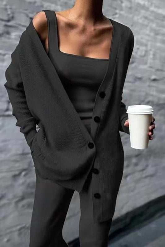 Trzyczęściowy zestaw LD Casual Solid Cardigan Vest Trousers Square Collar Long Sleeves (3 kolory)