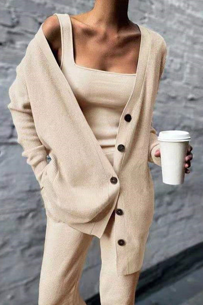 Trzyczęściowy zestaw Casual Solid Cardigan Vest Trousers Square Collar Long Sleeves (3 kolory)