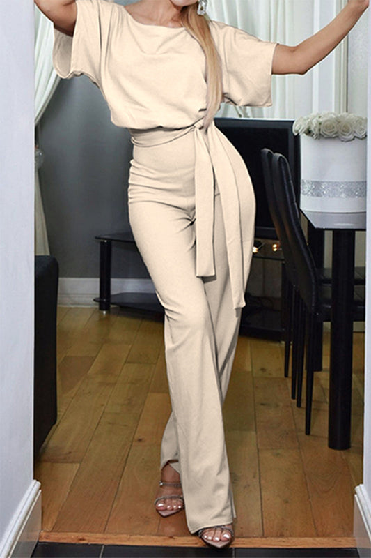| Casual Elegant Solid Patchwork Strap Design O Neck Straight Jumpsuits (6 kolorów)