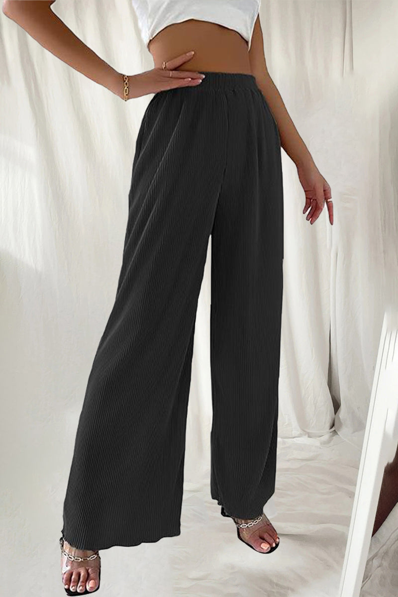 Casual Simplicity Solid Pleat Loose High Waist Wide Pipe Spodnie w jednolitym kolorze (7 kolorów)