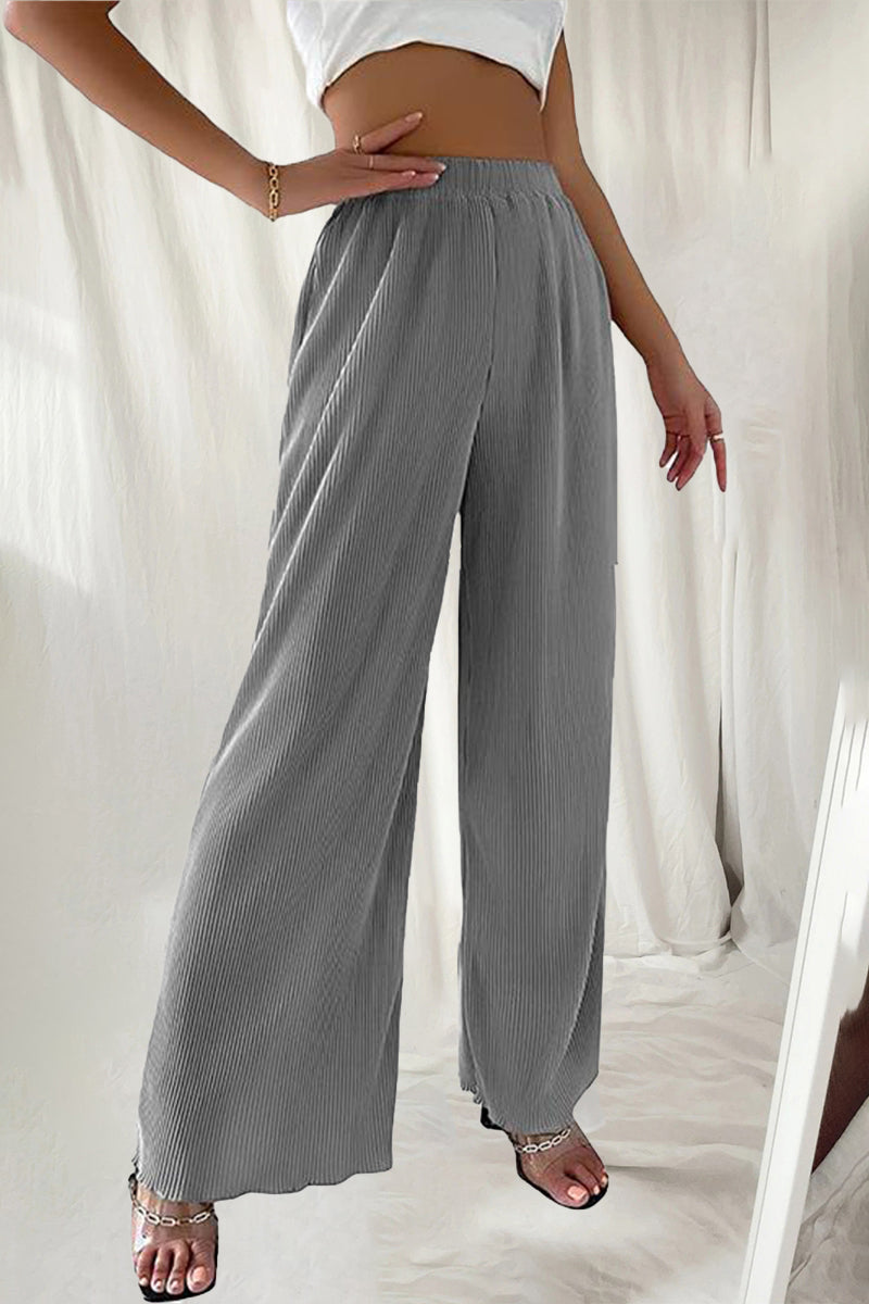 Casual Simplicity Solid Pleat Loose High Waist Wide Pipe Spodnie w jednolitym kolorze (7 kolorów)