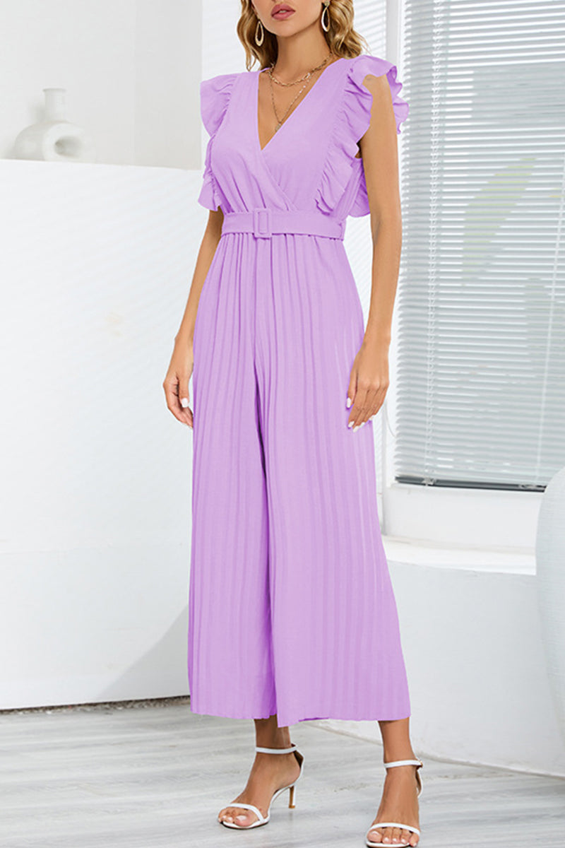 | Casual simplicity solid with belt V-neck regular jumpsuits
