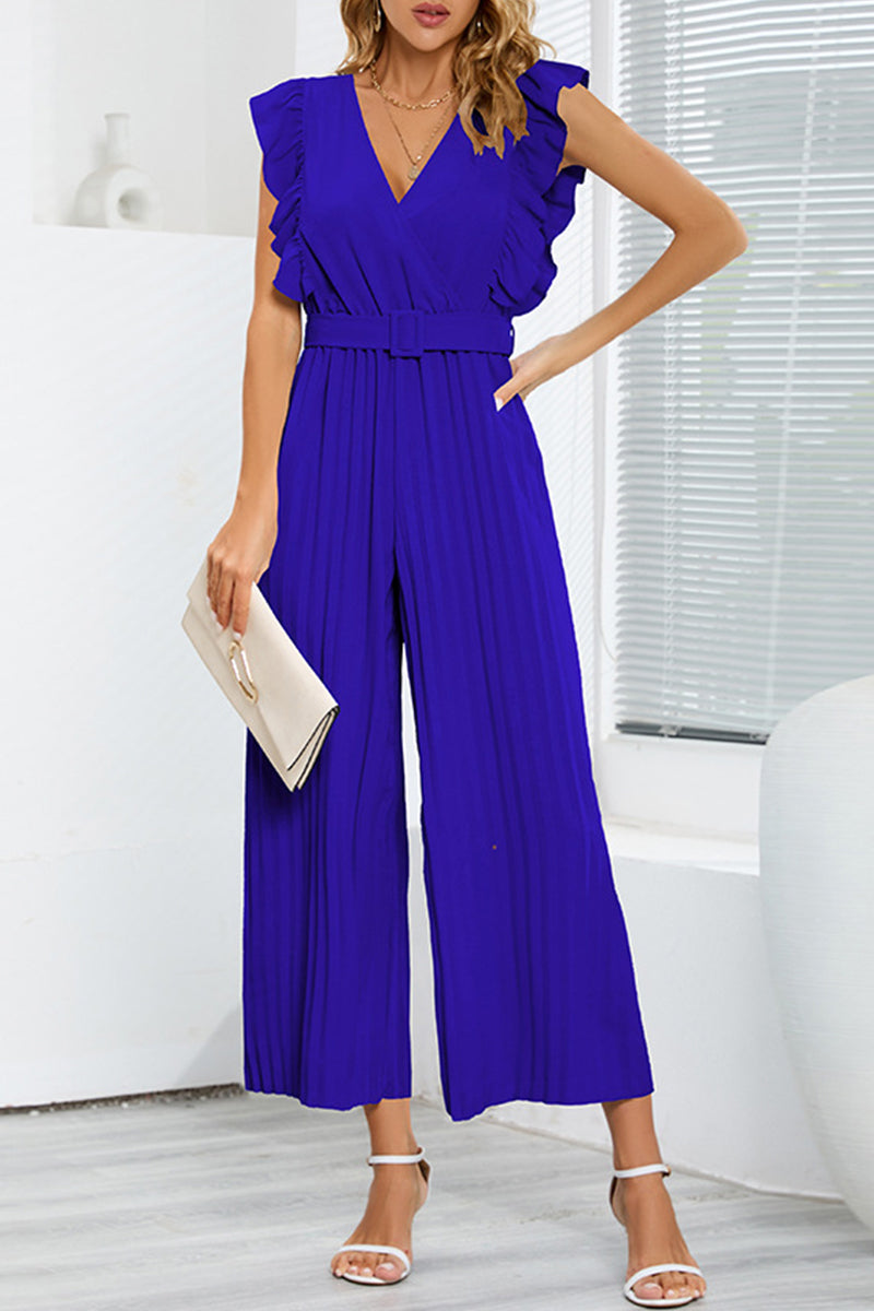 | Casual simplicity solid with belt V-neck regular jumpsuits