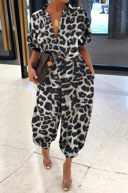 Luźne kombinezony  Plus Size Casual Vintage Leopard Frenulum Print