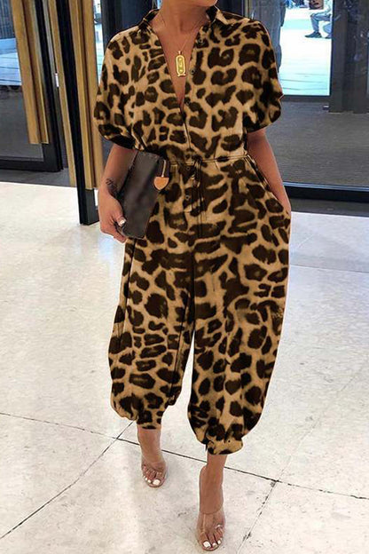 Luźne kombinezony  Plus Size Casual Vintage Leopard Frenulum Print