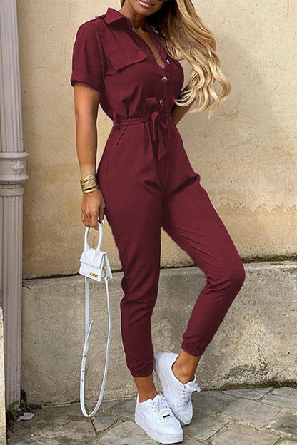 | Casual Everyday Solid Frenulum with Belt Turndown Collar Regular Jumpsuits (10 kolorów)