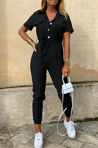 | Casual Everyday Solid Frenulum with Belt Turndown Collar Regular Jumpsuits (10 kolorów)
