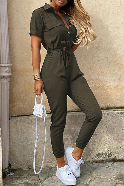 | Casual Everyday Solid Frenulum with Belt Turndown Collar Regular Jumpsuits (10 kolorów)