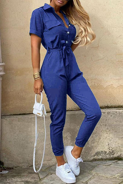 | Casual Everyday Solid Frenulum with Belt Turndown Collar Regular Jumpsuits (10 kolorów)