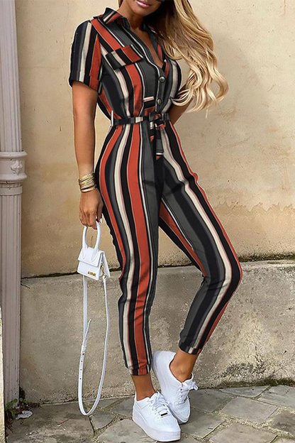 | Casual Print Patchwork Turn-down Collar Regular Jumpsuits