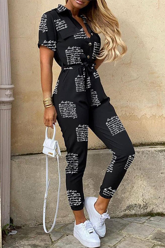 | Casual Print Patchwork Turn-down Collar Regular Jumpsuits