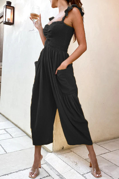 | Casual Street Solid Patchwork Pocket Spaghetti Strap Straight Jumpsuits (4 kolory)
