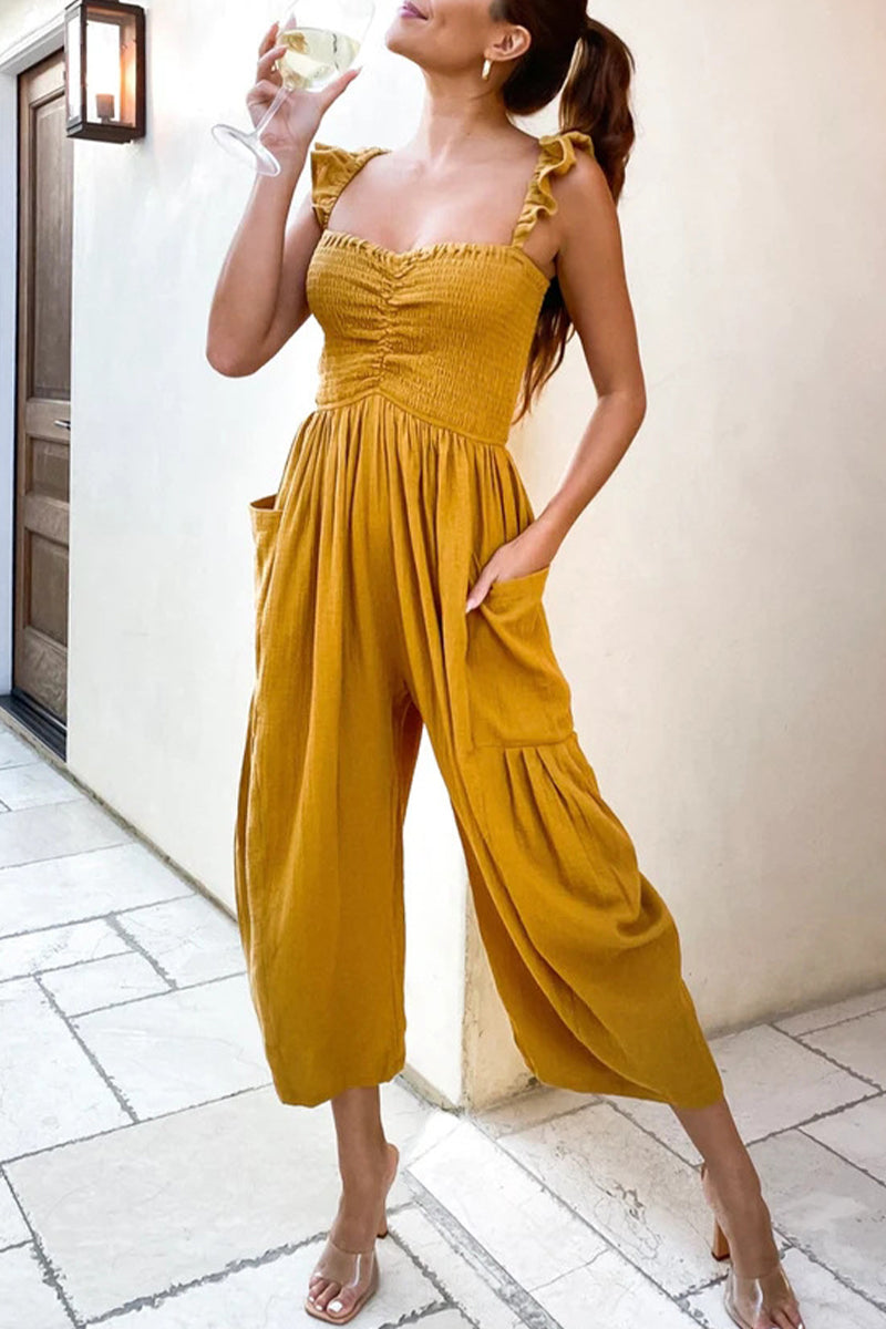 | Casual Street Solid Patchwork Pocket Spaghetti Strap Straight Jumpsuits (4 kolory)