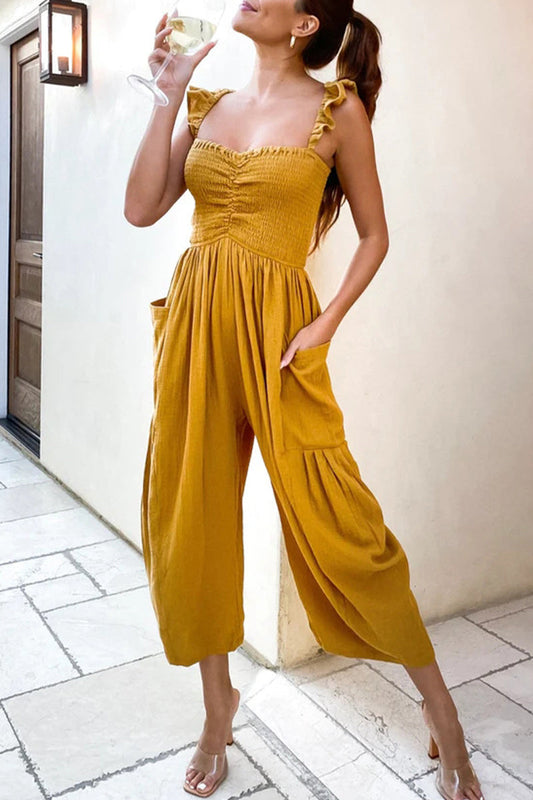 | Casual Street Solid Patchwork Pocket Spaghetti Strap Straight Jumpsuits (4 kolory)