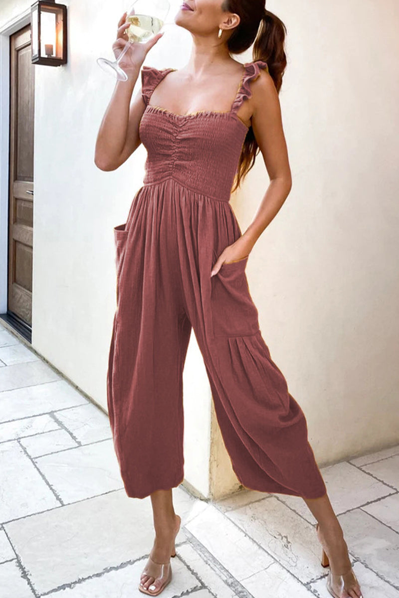 | Casual Street Solid Patchwork Pocket Spaghetti Strap Straight Jumpsuits (4 kolory)