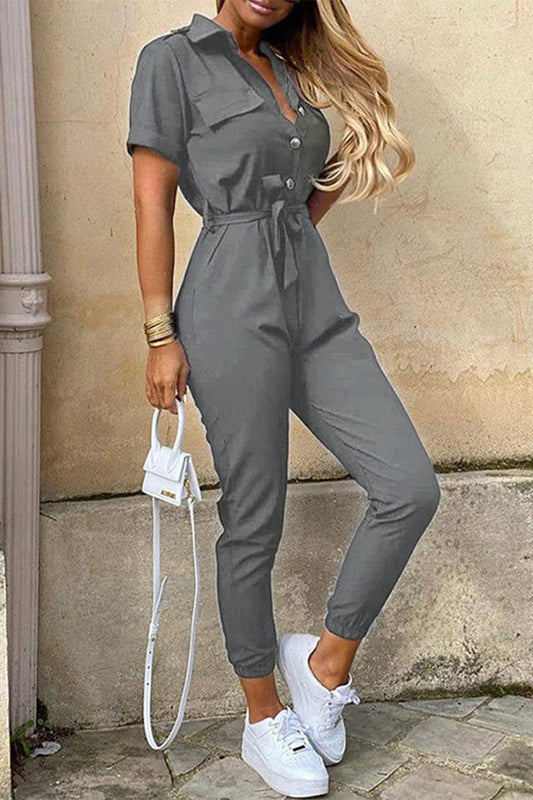 | Casual Everyday Solid Frenulum with Belt Turndown Collar Regular Jumpsuits (10 kolorów)