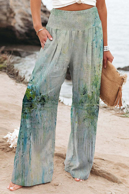 Casual Holiday Print Patchwork Luźne spodnie z szeroką nogawką i wysokim stanem
