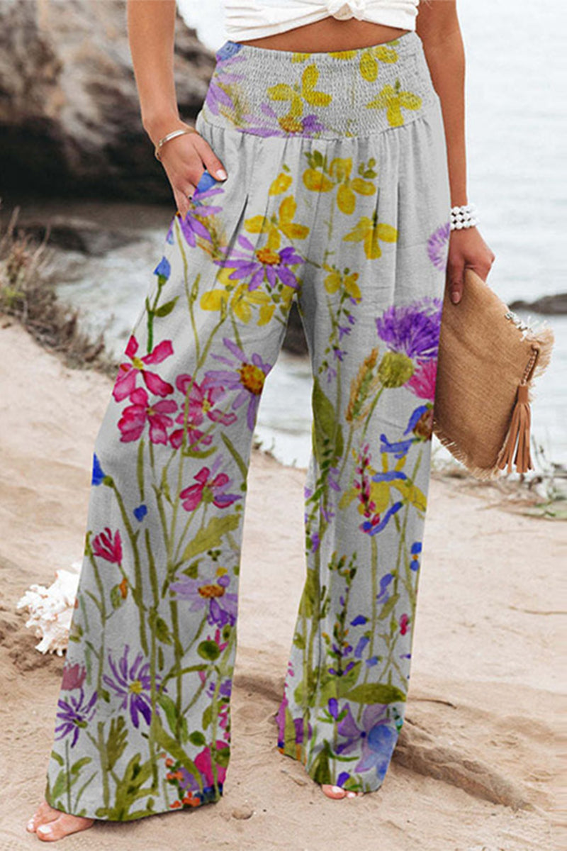 Casual Holiday Print Patchwork Luźne spodnie z szeroką nogawką i wysokim stanem