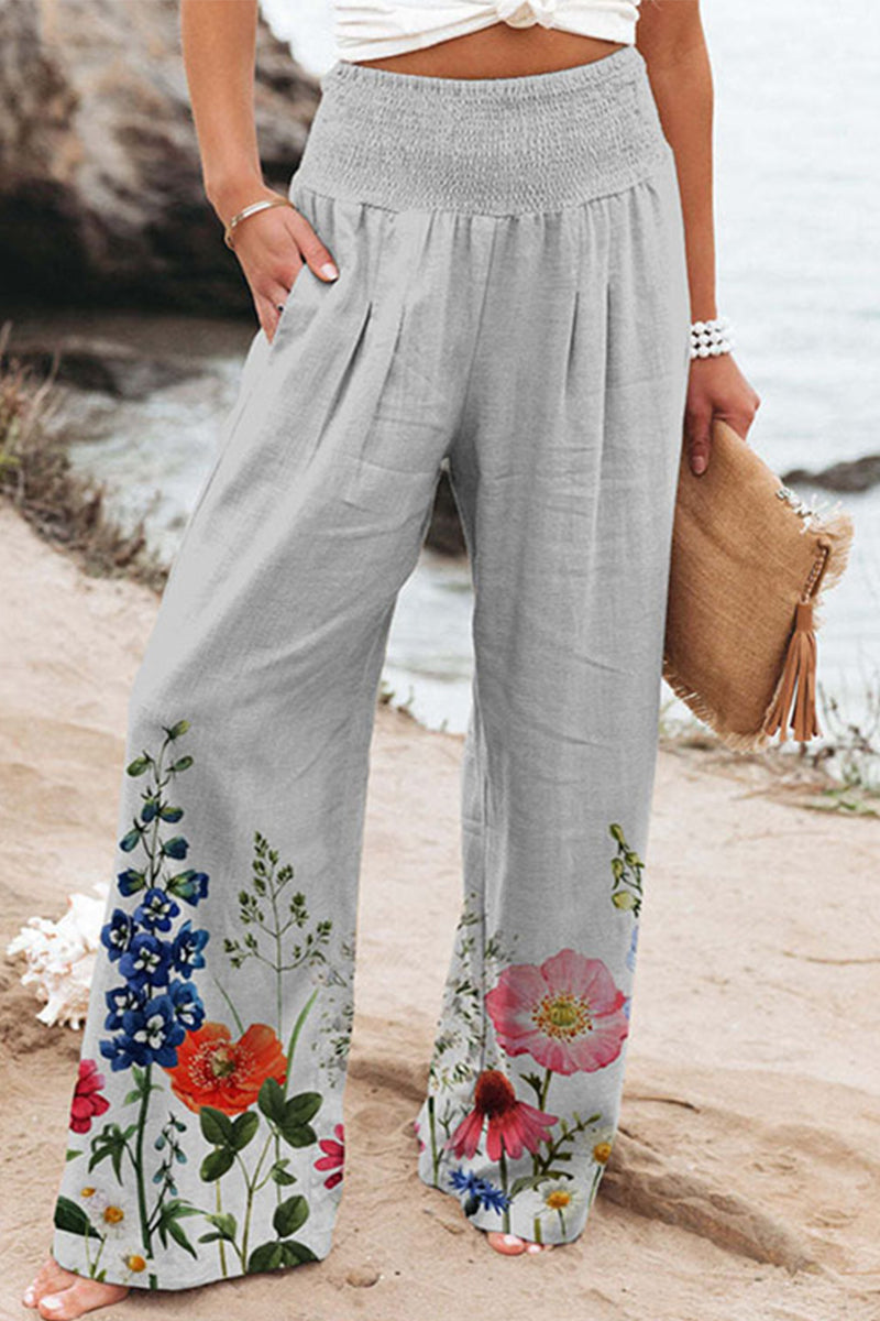 Casual Holiday Print Patchwork Luźne spodnie z szeroką nogawką i wysokim stanem