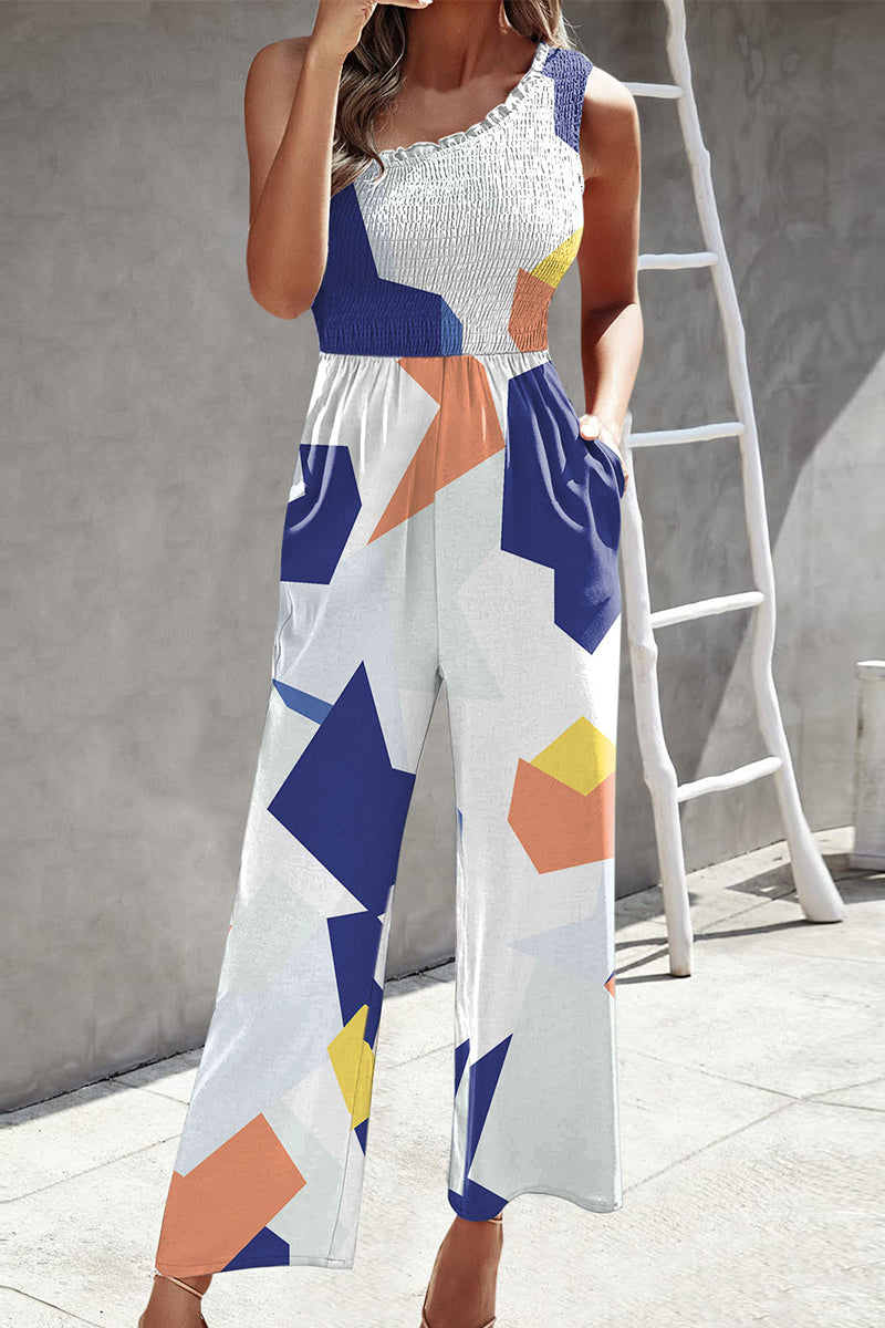 | Casual Print Patchwork Bag Bias Collar Loose Jumpsuits