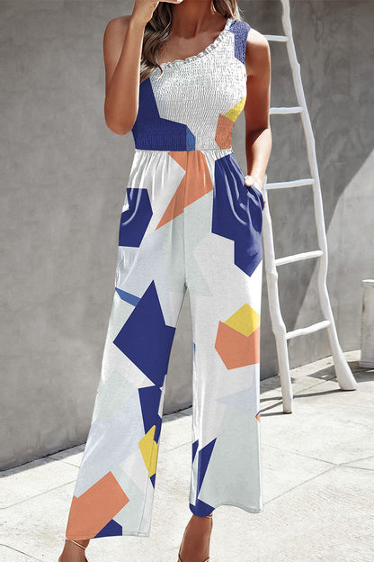 | Casual Print Patchwork Bag Bias Collar Loose Jumpsuits