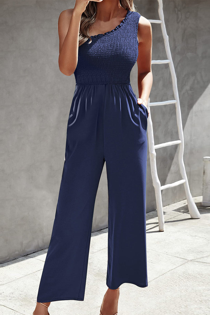 | Casual Print Patchwork Bag Bias Collar Loose Jumpsuits