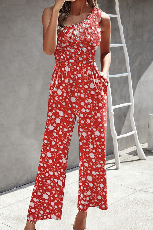 | Casual Print Patchwork Bag Bias Collar Loose Jumpsuits
