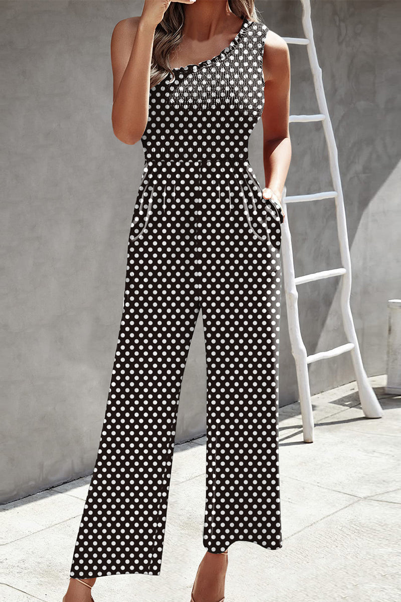 | Casual Print Patchwork Bag Bias Collar Loose Jumpsuits