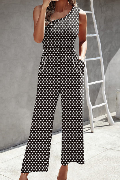 | Casual Print Patchwork Bag Bias Collar Loose Jumpsuits