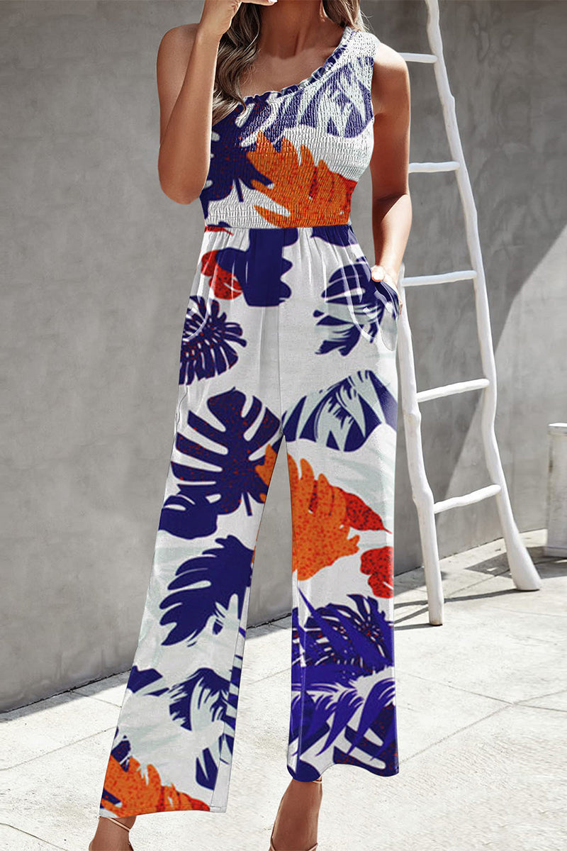 | Casual Print Patchwork Bag Bias Collar Loose Jumpsuits