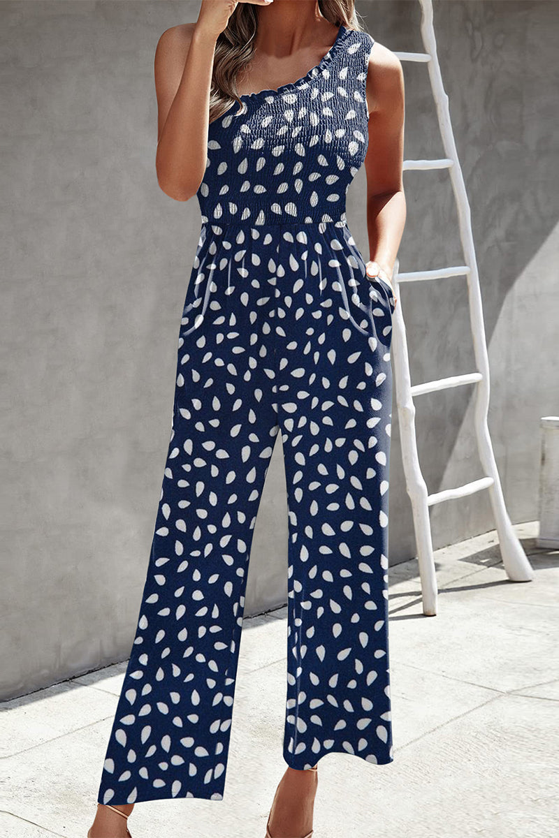 | Casual Print Patchwork Bag Bias Collar Loose Jumpsuits