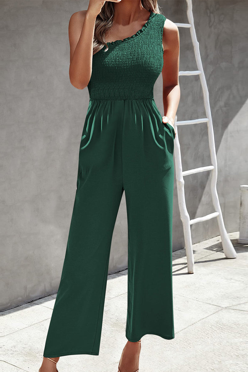 | Casual Print Patchwork Bag Bias Collar Loose Jumpsuits