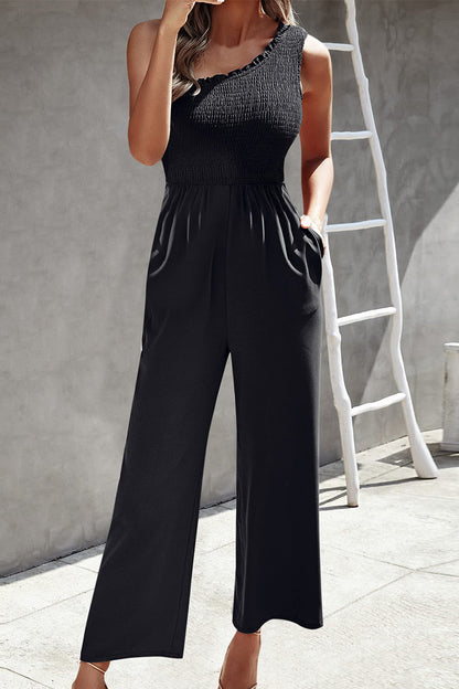 | Casual Print Patchwork Bag Bias Collar Loose Jumpsuits