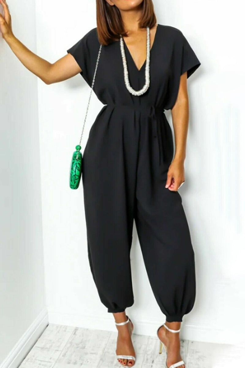 | Casual Simplicity Solid Frenulum V Neck Loose Jumpsuits (11 kolorów)
