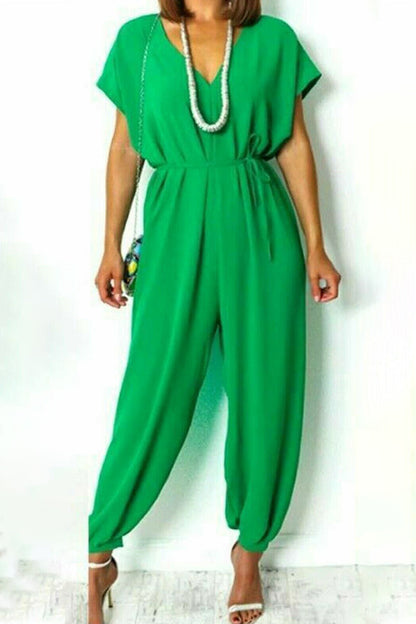 | Casual Simplicity Solid Frenulum V Neck Loose Jumpsuits (11 kolorów)
