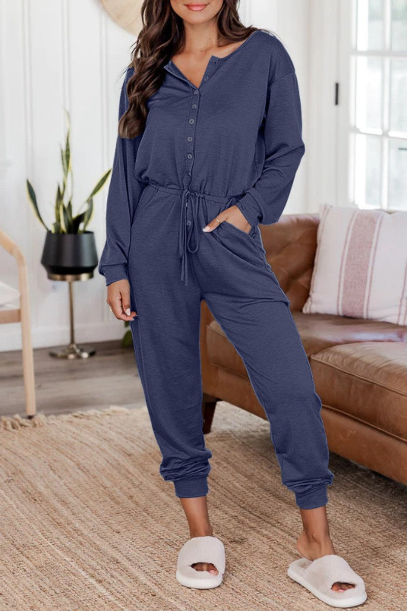 | Casual Solid Patchwork V-Neck Regular Jumpsuits