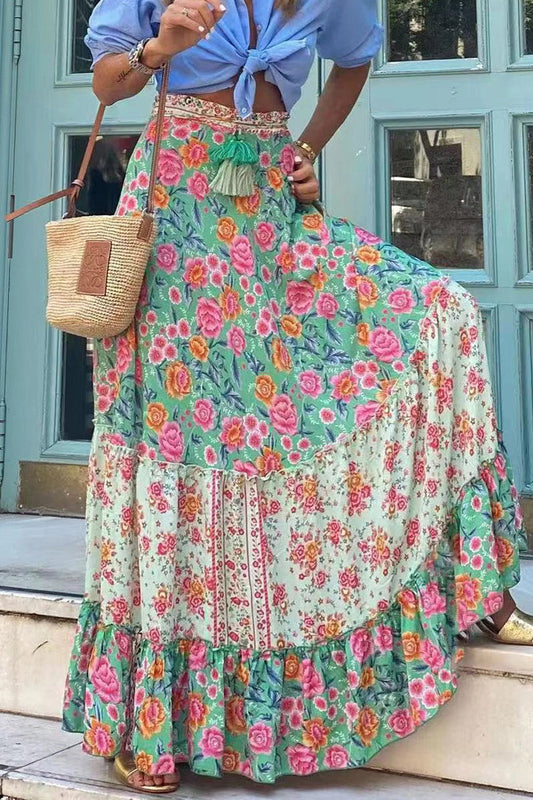 Holiday Floral Patchwork Luźne spodnie z wysokim stanem typu A z nadrukiem