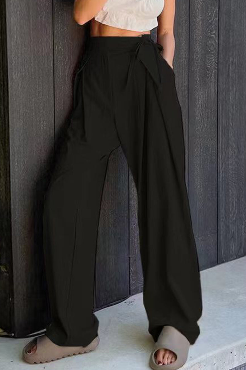 |CasualSolidFrenulumLooseHighWaistStraightPlainPants