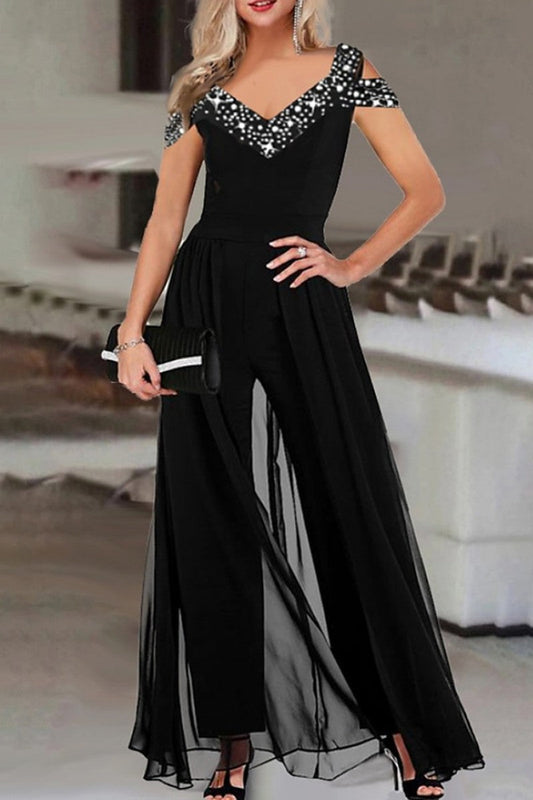 | Casual Print Patchwork V-Neck Regular Jumpsuits