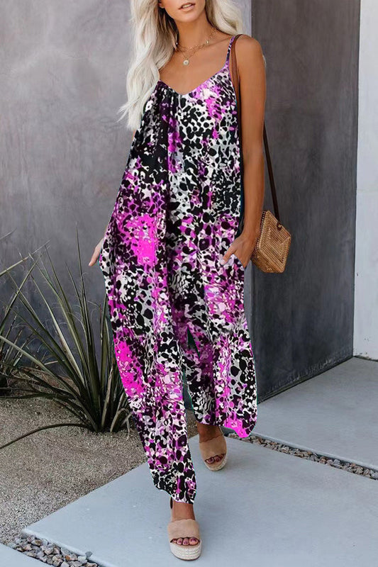 | Casual Street Print Pocket V-Neck Loose Jumpsuits