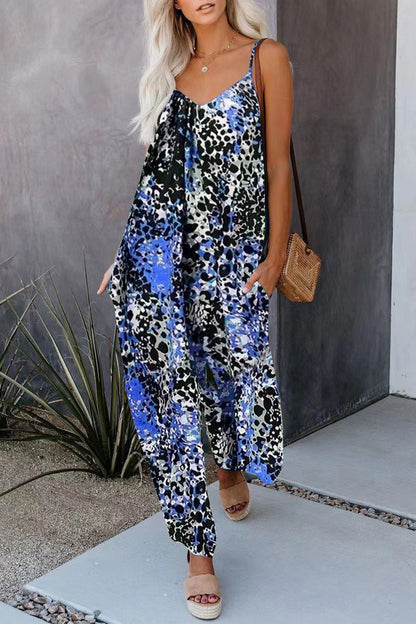 | Casual Street Print Pocket V-Neck Loose Jumpsuits