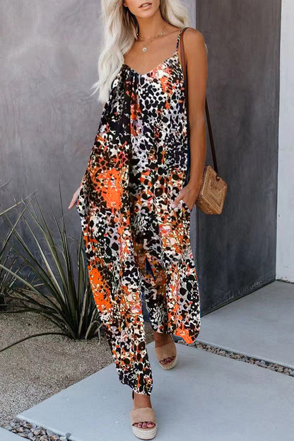 | Casual Street Print Pocket V-Neck Loose Jumpsuits