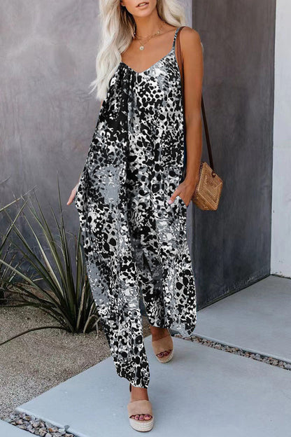 | Casual Street Print Pocket V-Neck Loose Jumpsuits